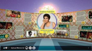 Imagem ilustrativa do projeto Transcender. Simulação de um ambiente virtual. Um painel quadriculado com a foto central, em formato redondo, da cantora Aretha Franklin, uma mulher negra de cabelos castanhos curtos com a mão encostada na bochecha. Acima da foto seu nome, abaixo há a inscrição ‘amazing grace’, sua data de nascimento e falecimento. Dos lados direito e esquerdo da foto, ícones de vídeos, imagens, áudios e textos estão distribuídos sobre o painel.