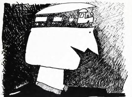 Desenho em nanquim do rosto de perfil de um homem. Ele usa uma camisa preta e o rosto está desenhado na cor branca, com contornos de ângulos bem marcados. O fundo é repleto de rabiscos sobrepostos que criam um efeito de degradê do preto para o cinza claro. A cabeça do personagem está aberta e um pequeno trem ocupa o lugar do cérebro.