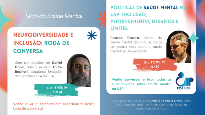 Cartaz horizontal dividido em duas partes brancas verticais com bordas arredondadas. A da esquerda tem a foto de um homem branco, de barba grisalha, cabelos curtos escuros e óculos de armação amarela. A sessão contém o nome do evento, informações do convidado, data e horário próximo à foto, e uma chamada para a conversa abaixo. À direita uma caixa com o mesmo estilo, com um homem branco de perfil, cabelos lisos e grisalhos com o rosto sombreado e o logotipo da CIP abaixo. O fundo do cartaz tem variações em tons suaves de azul, verde e laranja, e estrelas dispersas pelo cartaz. O local dos eventos está abaixo à direita do cartaz. Os textos usam fontes coloridas nas cores vermelho e verde-água.