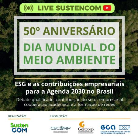 Cartaz do evento. Em destaque está escrito &quot;50° aniversário do Dia Mundial do Meio Ambiente&quot; em diferentes tons de verde. Ao fundo, a imagem de uma floresta vista de cima. Em volta, informações sobre o evento e logos de realização e apoio.