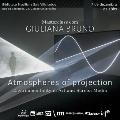 Cartaz do evento com destaque em uma ilustração com vários efeitos de sombra e luzes, que, da esquerda para a direita há a imagem de uma silhueta envolvida por um feixe de luz branca, e ao lado um gráfico de onda feito com linhas brancas seguido por um rastro de feixes de luz. Estão distribuídas no cartaz as informações do evento: nome do evento, nome da palestrante, endereço, data e logos de realizadores no rodapé