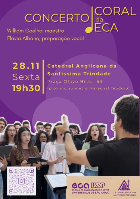 Cartaz com uma foto de um grande grupo de homens e mulheres cantando, com um homem de costas no canto direito que as rege com um gesto de mãos abertas. O fundo é roxo, com três círculos sobrepostos e em gradações de roxo mais claras. Em fonte amarela, estão o nome do evento em destaque, com uma nota musical separando as palavras. Abaixo, em fonte menor, estão os nomes do regente e da preparadora vocal. Centralizados, estão a data, horário, local e endereço. Na parte inferior, há um QR code e os logotipos de realização.