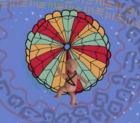 Cena da animação Eîori! um horizonte existencial. Um menino feito de massa de modelar marrom  flutua com um paraquedas de três cores: verde, amarelo e vermelho. Acima do paraquedas, um fundo azul com traços coloridos. A visão da cena é de baixo para cima. 