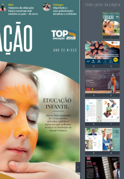 Captura de tela da capa e visão geral do aplicativo da revista Educação. A capa, em maior proporção e à esquerda, tem fundo desfocado em segundo plano. Em primeiro plano, a foto do rosto de uma criança de pele branca com uma pintura em laranja e branco. À direita da capa, em menor proporção, a demonstração das cinco primeiras duplas de páginas da revista.