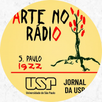 texto arte no rádio escrito em preto e vermelho e fundo amarelo