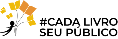 Logotipo da campanha. À esquerda da imagem há uma ilustração de uma figura humana estilizada na cor preta segurando três fios ligados a livros abertos que estão sobre sua cabeça, sendo dois deles amarelos e um laranja.Outros pequenos livros amarelos flutuam acima da figura humana. Do lado direito da imagem está escrito “#CADA LIVRO SEU PÚBLICO” com letras bastão maiúsculas na cor preta. Toda a imagem está sobre fundo branco.