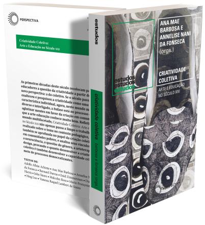 Foto da capa e última capa do livro. A capa do livro apresenta obras de arte abstratas com a cor predominantemente preta, com figuras esféricas que se assemelham a olhos. A capa contém as informações de organização e editora