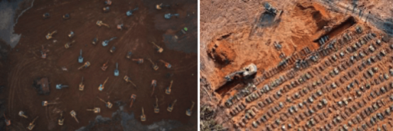 Montagem de duas fotos coloridas tiradas de cima. À esquerda, cerca de 50 escavadeiras trabalham sobre uma área de terra marrom escura. À direita, uma escavadeira abre um grande buraco em formato retangular em uma área de terra. Ao lado, ocupando boa parte da imagem, dezenas de covas já abertas. Alguns trabalhadores observam a cena de longe.