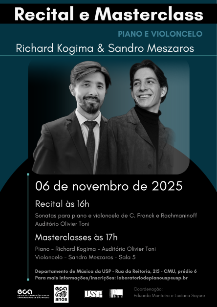 Cartaz em fundo azul e preto, com nome do evento e de convidados na parte superior. Centralizada em uma moldura quadrada está uma montagem com fotos em preto e branco, sendo uma foto de cada convidado: um homem amarelo, com cabelos lisos e curtos,  de terno, camisa branca  e gravata, sorrindo.. O outro é branco e tem cabelos lisos e curtos, veste blazer sobre blusa cacharrel e sorri. Abaixo da foto estão informações de data, horários, resumo do repertório,  atividades, endereço e, no rodapé, logotipos de realização e apoio.