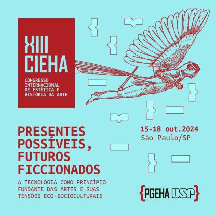 Cartaz de divulgação do evento em fundo azul com ilustração em vermelho de uma pessoa com asas atadas ao corpo por cintos e cordas. Estão distribuídas pela imagem informações sobre data e local de realização, título e tema do congresso. O logo do programa de pós-graduação está no canto inferior direito.