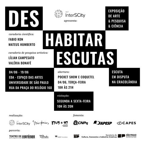 Cartaz em preto e branco com vários retângulos contendo as informações como o nome do evento, local, horário, data e logotipos no rodapé