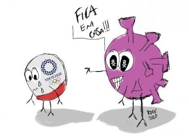Desenho/Charge em que o coronavírus manda o evento das Olimpíadas de Tóquio, representado por um boneco que está chorando, ficar em casa