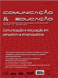 Capa da revista Comunicação e Educação. Fundo vermelho, com diversos círculos desenhados em preto, com leve transparência. No topo, em fonte maior, o nome da revista; abaixo, texto menor que identifica a edição. No centro, o titulo do dossiê Comunicação e Educação em perspectiva emancipatória, e abaixo, os títulos dos artigos do dossiê.