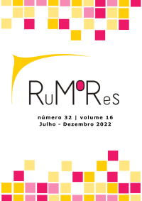 Capa da revista Rumores. Sobre um fundo branco, pequenos quadrados, um ao lado do outro, alternando as cores rosa, rosa claro e tons de amarelo aparecem no topo e na parte de baixo. Ao centro, o nome da revista, e em fonte menor, o número, o volume e os meses de início e fim do semestre da edição. 