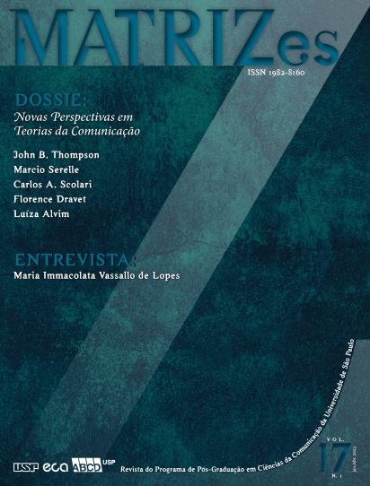 Capa da última edição da revista Matrizes. A capa tem fundo texturizado verde e preto e conta com o nome da revista e outras informações sobre a edição.