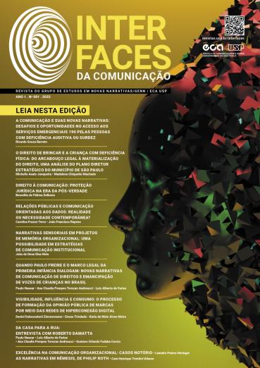 Capa da revista Interfaces da Comunicação. A imagem tem fundo amarelo e verde. Do lado direito há a ilustração do perfil da face de uma pessoa, parte dela está fragmentada. O rosto é preto, com pontos iluminados de verde e amarelo. Os fragmentos são pretos, vermelhos, verdes e amarelos. No lado esquerdo da imagem, os títulos dos artigos estão dispostos em lista. 