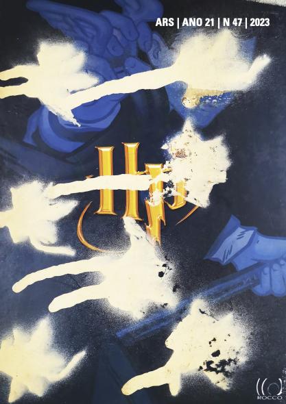 Capa da revista ARS. A imagem tem um fundo azul com a figura de um personagem do livro Harry Potter. Em cima da imagem, existem vários borrões brancos e amarelados de tinta spray. 