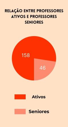 Imagem retangular de fundo laranja claro. Na parte superior há em preto o título “Relação entre professores ativos e professores seniores” e logo abaixo o gráfico circular dividido em dois tons de vermelho, tendo o mais escuro o número  158 e o mais claro o número 46. Na parte inferior está a legenda, um retângulo na cor vermelho escura tem a inscrição “Ativos”e outro retângulo na cor vermelho mais claro “Seniores”.