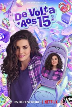 Imagem de divulgação da série De Volta aos 15. No cartaz, está a foto da atriz Camila Queiroz e, à sua frente, um celular antigo cuja tela mostra a foto da atriz Maísa Silva. Ambas são mulheres brancas com cabelos castanhos cacheados pouco abaixo dos ombros e trajam camisa xadrez de rosa e roxo sobre camiseta roxa. O fundo é colorido e conta com diversos elementos que remetem ao universo da adolescência e aos anos 2000, tais como adesivos, computadores antigos e CDs, em tons de azul, rosa, lilás, amarelo e branco.