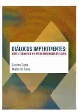 Capa do livro 'Diálogos Impertinentes'. O fundo é preenchido por formas geométricas e tem uma textura azul e amarela. No centro, há uma caixa retangular branca com o título do livro e os nomes dos autores.