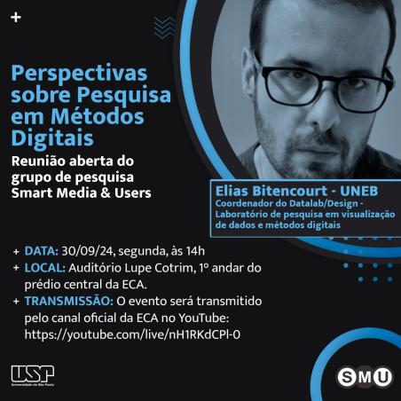  Cartaz de divulgação do evento.  No canto superior esquerdo, há o título do evento em fonte azul e branca. No canto superior esquerdo, há a foto em preto e branco, de um homem branco, com barba e cabelos curtos, usando uma armação de óculos escura, dentro de uma forma circular de contorno azul. Abaixo, há seu nome e ocupação, em fonte azul, dentro de um retângulo de bordas azuis. Na metade inferior do cartaz, há a data, horário e local do evento e link para transmissão online, em fonte azul e branca. No rodapé, há os logos dos realizadores. O fundo é preto. 