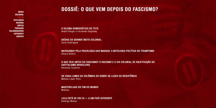 Print da tela do site. O índice, o título do dossiê e os nomes dos textos e dos autores estão em letras brancas. O fundo é vermelho e aparecem dois sinais de pausa dentro de círculos, um à direita e outro à esquerda do texto.