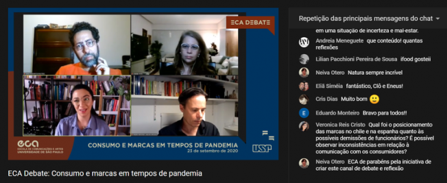Imagem da transmissão ao vivo. À esquerda, a tela aparece dividida entre dois homens e duas mulheres. À direita, aparecem diversas mensagens do chat elogiando o debate.