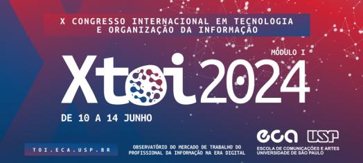 Cartaz com fundo com gradações de azul e vermelho, um X grande com cor gradativa à esquerda com constelações de comunicação em rede. No centro o nome do evento e abaixo apoiadorers