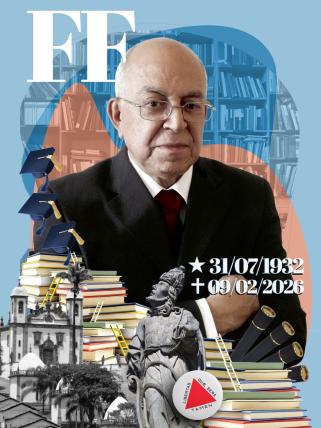 Arte digital composta por montagem de fotos e ilustrações em homenagem ao professor Alfredo Bosi. Ao centro, foto de homem idoso branco, de pele clara e calvo, com cabelos brancos nas laterais e óculos de armação fina. Veste terno preto, camisa branca e gravata vermelha. O fundo mescla formas abstratas em tons de azul e laranja sobre uma estante de livros desfocada. À esquerda do professor, há uma pilha de livros coloridos com pequenas escadas amarelas encostadas e três capelos azuis flutuando acima. À frente, em preto e branco, a fachada da Igreja de São Francisco de Assis, em Ouro Preto, e a estátua de um dos profetas de Aleijadinho. No canto inferior direito, o selo da bandeira de Minas Gerais com a frase "Libertas Quae Sera Tamen" e três diplomas enrolados. À direita, o texto: estrela 31/07/1932 e cruz 09/02/2026. No topo superior esquerdo, as letras "FF" em branco.