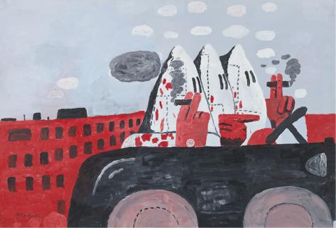 Pintura de Philip Guston mostra três personagens encapuzados, como os membros da Ku Klux Klan, dirigindo um carro preto. Eles fumam e suas roupas estão repletas de manchas vermelhas, mesma cor de suas luvas. Ao fundo há grandes prédios na cor vermelha, com janelas pretas, sob um céu azul acinzentado. 