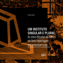 Capa do livro 'Um instituto singular e plural'. Sob um filtro laranja, há um mosaico de imagens de pessoas usando computadores, assistindo a palestras, livros e um robô. Sobre as imagens, o título do livro em branco.