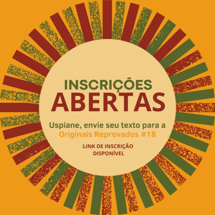 Imagem composta por um círculo bege, em cujo interior se destaca o texto “inscrições abertas”, junto com outras informações sobre a inscrição. O círculo tem a borda composta por barras verdes e barras vermelhas alinhadas. As barras são lisas e porosas de forma alternada, como se tivessem sido impressas com tinta que acaba gradualmente. O fundo da imagem é laranja.