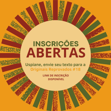 Imagem composta por um círculo bege, em cujo interior  se destaca o texto “inscrições abertas”, junto com outras informações sobre a inscrição. O círculo tem a borda composta por barras verdes e barras vermelhas alinhadas. As barras são lisas e porosas de forma alternada, como se tivessem sido impressas com tinta que acaba gradualmente. O fundo da imagem é laranja.