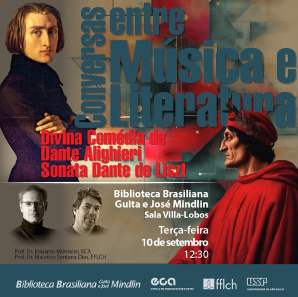 Cartaz de divulgação do evento. Possui título do evento, local, data e horário do evento, foto de Franz Liszt no canto superior esquerdo, foto dos professores apresentadores no canto inferior esquerdo e foto de Dante Alighieri no canto inferior direito. No rodapé há o logo dos realizadores do evento. O fundo é bege com formas geométricas coloridas.