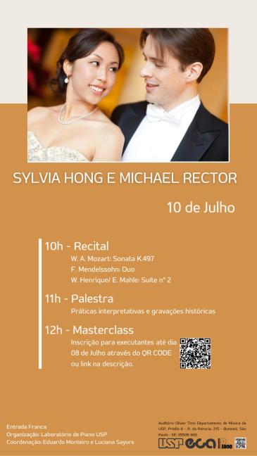 Banner do evento. Tem fundo laranja e bege, com uma foto do casal, uma mulher amarela de cabelos lisos e escuros e um homem branco de cabelos escuros e curtos, na parte superior e título e dia do evento em seguida. Abaixo, há a programação detalhada do evento e código QR para inscrição na masterclass. No rodapé há a indicação de entrada franca, organização e coordenação do evento, endereço do auditório, logo da USP, da ECA e do Laboratório de Piano.