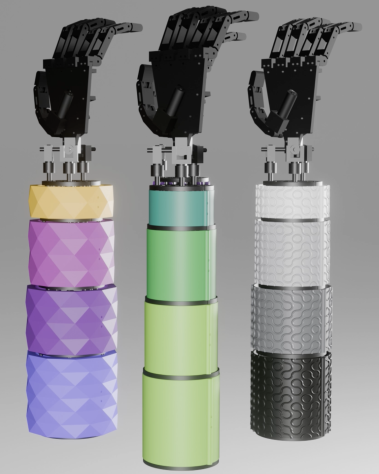 Esquema visual de três próteses de antebraço e mão. Elas são compostas por uma mão preta sobre um suporte metálico revestido por braceletes coloridos de tamanhos e texturas diferentes. O fundo é cinza