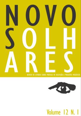 Capa da revista Novos Olhares. A capa tem a parte superior com fundo amarelo e a inferior branco. Na parte amarela está escrito Novos Olhares. Novos está escrito em fonte de cor preta, olhares com fonte branca. Na parte branca há a ilustração de um olho, abaixo dele o volume da edição.