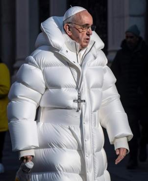 Imagem gerada artificialmente do Papa Francisco. Um homem idoso de pele branca e cabelos curtos e grisalhos caminha e olha para o lado. Além de um solidéu branco na cabeça, ele veste um casaco puffer branco e longo, usa óculos, um colar com uma crucifixo e segura um objeto na mão direita. No fundo escuro, parte de uma estrutura e pessoas aparecem desfocadas.