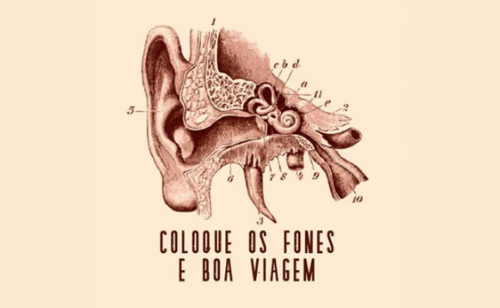 Ilustração do aparelho auditivo junto com a frase Coloque os Fones e Boa Viagem