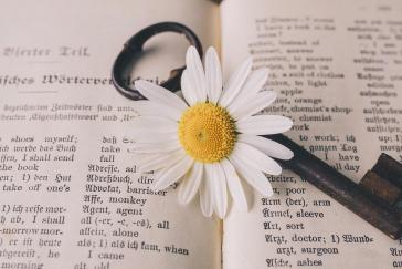 Fotografia colorida em ambiente interno, de um livro em inglês com uma chave e uma flor sobre o livro. 