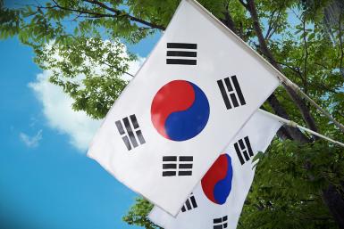 Foto colorida em ambiente externo, de duas bandeiras coreanas ao ar livre.