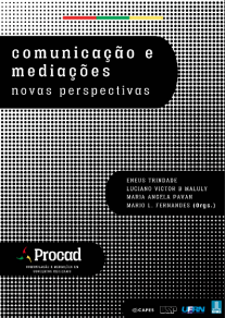 Capa de Comunicação e Mediações: novas perspectivas. O livro apresenta um degradê preto e branco, com título e subtítulo em letras brancas sobre retângulos pretos com cantos arredondados