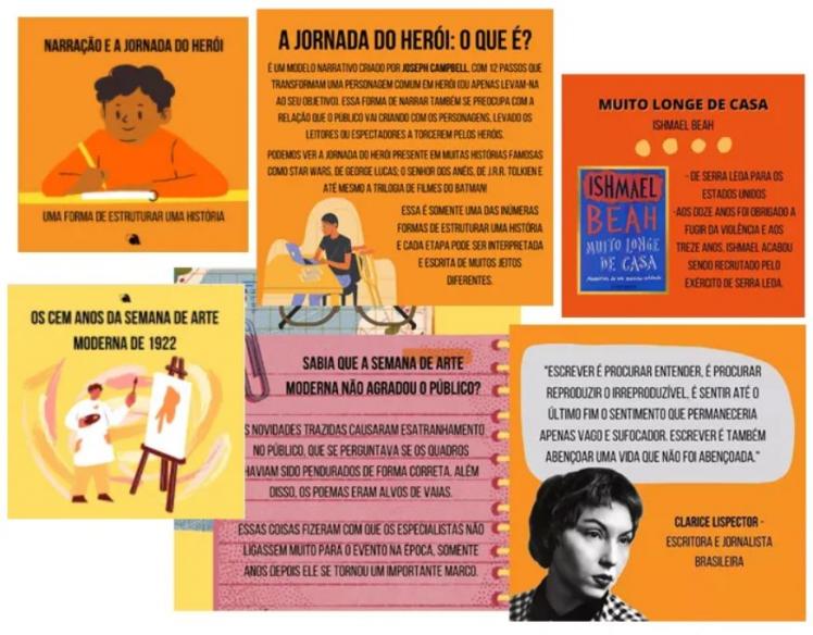 Montagem com diversos conteúdos do Projeto Redigir publicados nas redes sociais: dicas de leitura, curiosidades sobre escritores, curiosidades sobre a Semana de Arte Moderna, explicação sobre o conceito de Jornada do Heroi. As peças são marcadas por ilustrações e montagens fotográficas com predominância de tons quentes, como laranja e amarelo. 