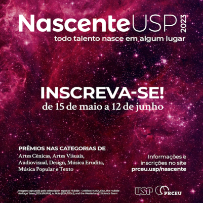 Arte de divulgação do concurso Nascente USP 2023. Imagem com destaque para a palavra “inscreva-se” no centro e “Nascente USP” no topo. O fundo da imagem é composto por constelações em tons de rosa, vermelho e lilás.