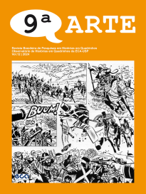 Imagem da capa da revista. Na parte superior há o logotipo da revista e especificações sobre a revista, volume e ano. No centro, há a reprodução de uma página de revista em quadrinhos com quadros ilustrativos de uma guerra. No canto inferior esquerdo há o logotipo da ECA.