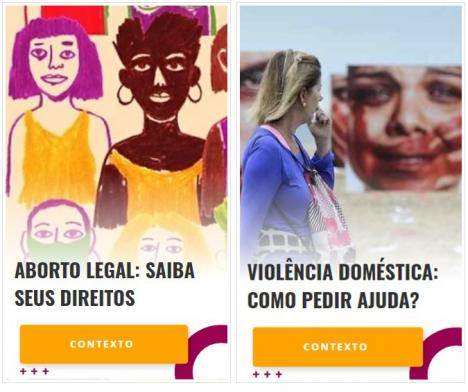 Print do site &quot;Nós, mulheres da periferia&quot;. No lado esquerdo, uma matéria com o título &quot;Aborto legal: saiba seus direitos&quot; é ilustrada por um desenho em traços simples de mulheres usando camisetas amarelas. No lado direito, uma matéria com o título &quot;Violência doméstica: como pedir ajuda?&quot; é ilustrado com uma fotografia de uma mulher branca e loira de costas observando uma galeria de imagens de mulheres com marcas de mãos sangrentas na boca. 