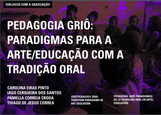 Imagem de fundo de uma roda de crianças conversando com edição em tons arroxeados. No canto superior esquerdo o nome da seção Diálogos com a graduação. Na parte central o título do artigo. Na parte inferior os nomes dos autores e o título do artigo em inglês e espanhol
