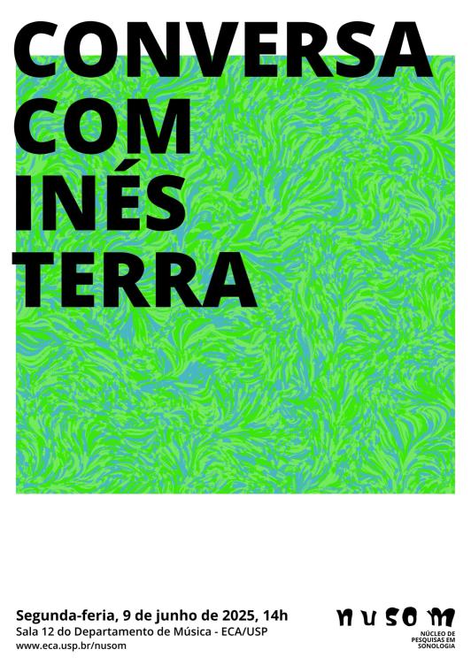 Cartaz com um fundo com a combinação das cores verde e azul com estilo abstrato. A proposta do evento está escrita em fonte preta grande e no rodapé, na área branca do cartaz, constam informações de data, local, site do realizador e logotipo de realização