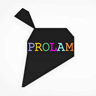 Logo do Prolam, que emula o desenho do mapa da América Latina com linhas e formas geométricas na cor preta. O nome da instituição está ao centro, sobre o mapa, em letras coloridas.