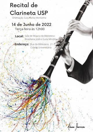 Cartaz com fundo branco. duas mãos masculinas (em preto e branco) seguram uma clarineta, instrumento de sopro longo, preto e teclas prateadas. Da campanula, parte inferior do instrumento, saem respingos de tintas de várias cores. acima, informações como o nome do evento, local, endereço e data.